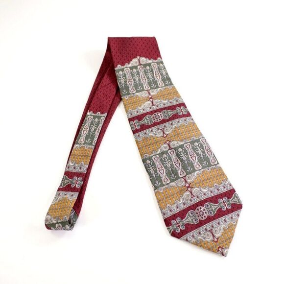 Bill Blass Yellow Green‎ Red Baroque Print Short Wide Silk Tie - Picture 6 of 6